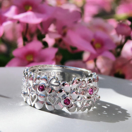 DAISY silverring med blommor och hjärtan