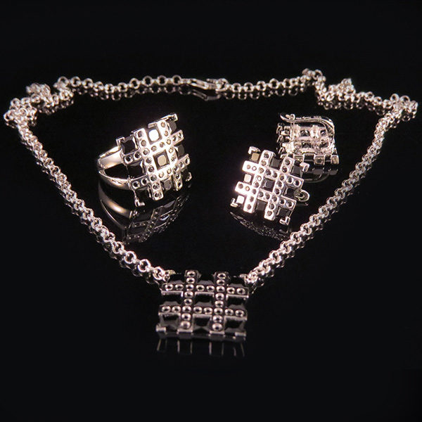 RIBBON silver jewelry set with black spinel